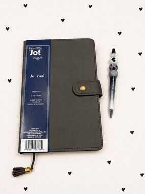 Handmade gray beaded heart pen with matching faux leather journal